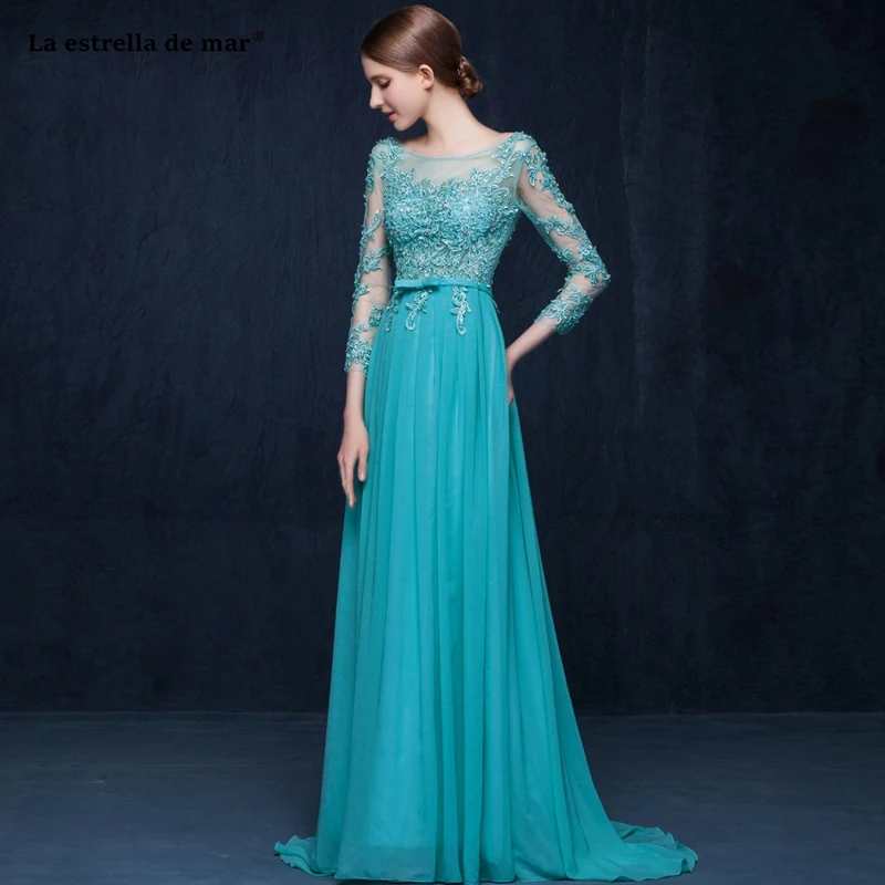 Vestidos dama de honor largos2019 Черпак шеи тюль бисером с длинными рукавами Холтер ТРАПЕЦИЕВИДНОЕ бирюзовое платье подружки невесты качество