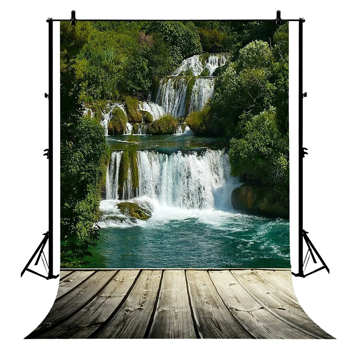 

5x7ft Green Mountain Trees Waterfall Wood Floor Texture Weathered Polyester Photo Background Portrait Backdrop