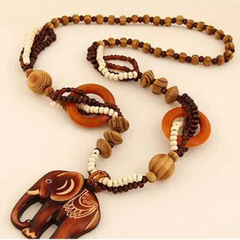 KUNIU Boho Jewelry Ethnic Style Long Hand Made Bead Wood Elephant Pendant Necklace for Women Price Decent