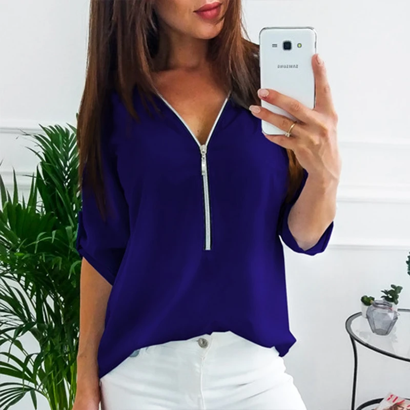 Navy Blue LAAMEI/женские рубашки на молнии с коротким рукавом, сексуальный топ с v-образным вырезом, женские блузки, Повседневная футболка, топы, женская одежда, большие размеры - Цвет: Navy Blue
