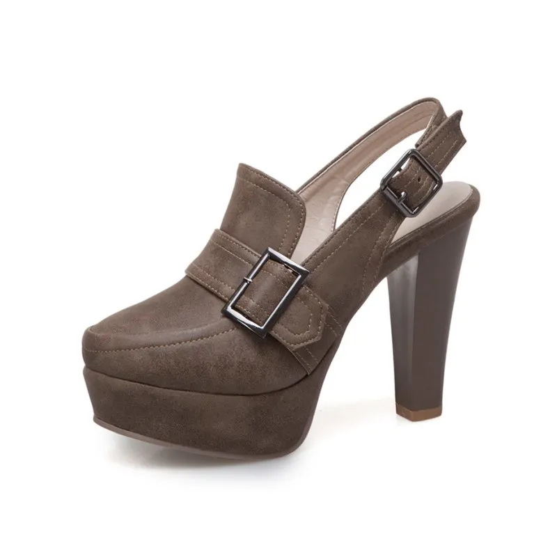 EOEODOIT Women Platform Pumps Ultra High Square Heel Leather Party Club Office Shoes Summer Sandals Autumn Slingback Lady Pumps - Color: Khaki