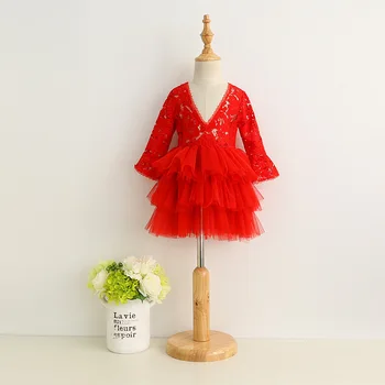 

EF Wholesale Bell Sleeves Dress Red Putty Wedding Clothing Lace Princess Dresses Birthday Christmas Costume Two Side wear