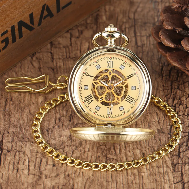 Роскошные золотые руки Ветер Механические карманные часы Скелет римскими цифрами брелок часы Цепочки и ожерелья для Для мужчин Для женщин