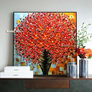

High quality Abstract Hand Painted red Knife Flower Painting Modern Canvas Art Oil Painting Living Room Wall Decor Hanging Decor