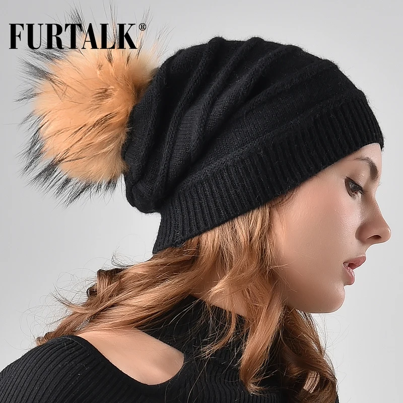 FURTALK зимняя шапка женская из натурального меха енота шерстяные шапки с кроличьим