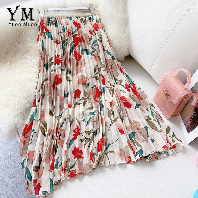 

YuooMuoo New 2019 Women Chiffon Skirt Summer Flower Elegant Pleated Skirt Ladies Vintage High Waist Long Skirts