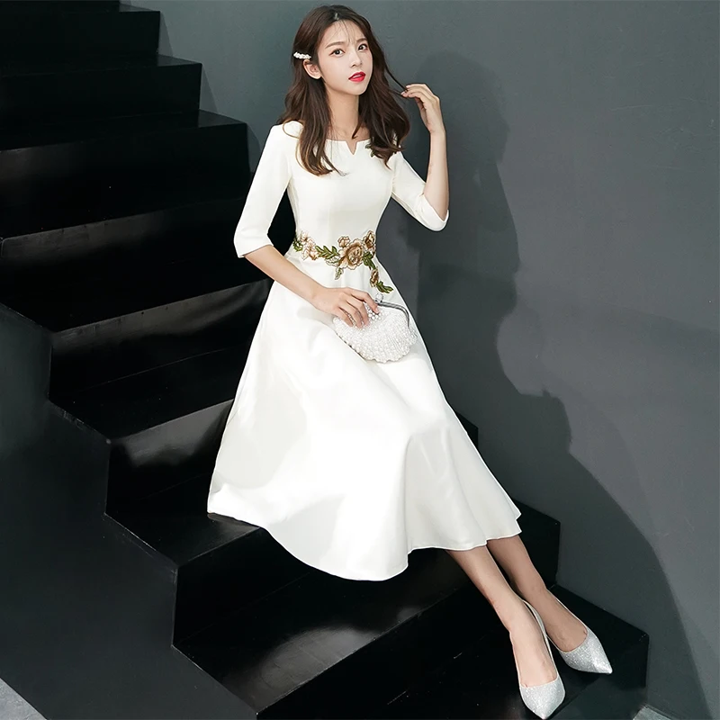 Белые вечерние платье торжественное платье Для женщин Элегантное Платье трапециевидного силуэта с цветочным принтом платье с вышивкой средней длины платья для выпускного вечера выпускные TS554