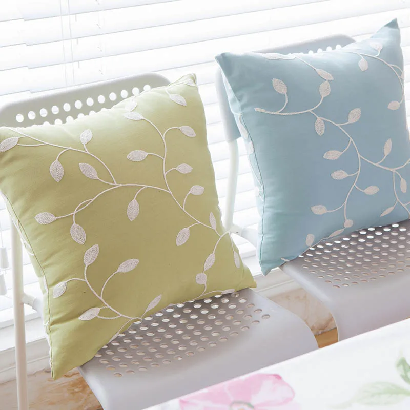 

Blue Green Leaves Embroidered Cotton Cushion Cover Pastoral Style Throw Decorative Cushion Cover 45cm*45cm/60*60cm
