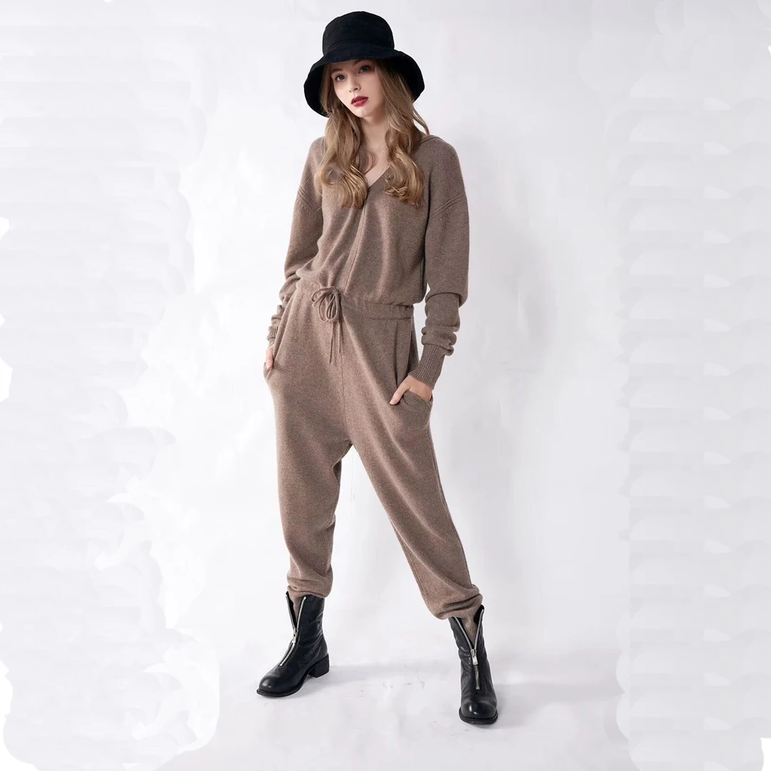 

2018 Time-limited Full New Women's Pure Cashmere Casual Suit Hood Loose For Onesies Knitted Sweater Trousers Camel Female
