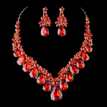 

Fashion Golden Plated Red Crystal Necklace Earrings Bridal Jewelry Sets For Brides Wedding Party Prom Decoration Gift jewelry