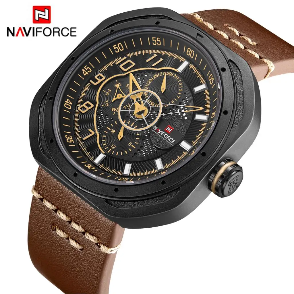 NAVIFORCE часы мужские кожаные 3 бар водонепроницаемые Модные спортивные военные