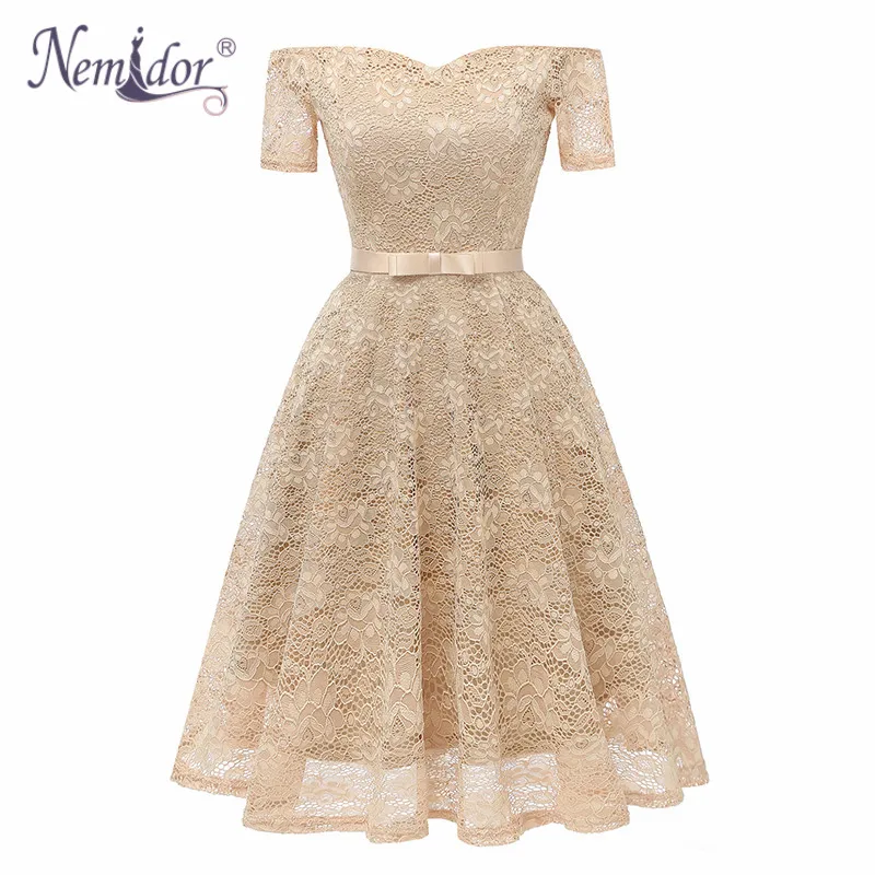 

Nemidor 2019 Women Vintage Short Sleeve Bow Summer Swing A-line Dress Sexy Slash Neck Patchwork Midi Party Lace Dress