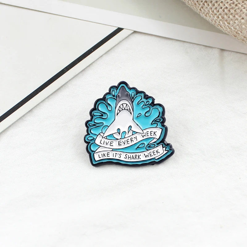 

Huge Wave Shark Brooch LIVE EVERY WEEK LIKE IT'S SHARK WEEK Ribbon Marine Life Enamel Pin Backpack Coat Badge Friends Kids Gifts