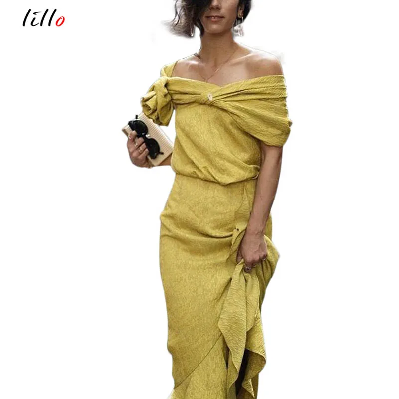 

Fashion Office Ladies Short Sleeve Bodycon Tunic Women Ruflles Yellow Work Wear Of The Female Party Pencil unique design dress