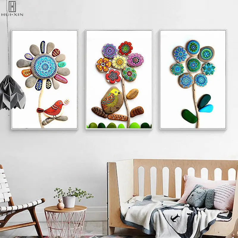 Lovely Varicolord Flowers Raised Rocks Sunflowers Green Leaf Modern Decorative Canvas Paintings Poster Wall Art For Home Decor