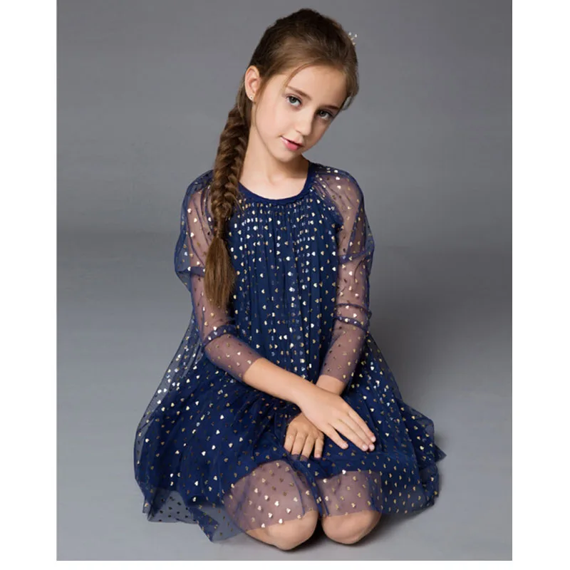 

Summer Girl Dress Fashion Princess Dress Mesh Dress Gold Foil Color Of Love Pattern European American Temperament Girl Dresses