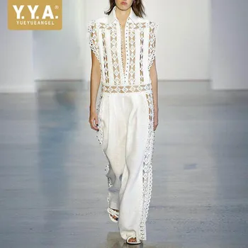 

New Brand Beading Hollow Out Patchwork Women Jumpsuits Full Length Straight Loose Pants Sleeveless Tops Fashion Casual Rompers