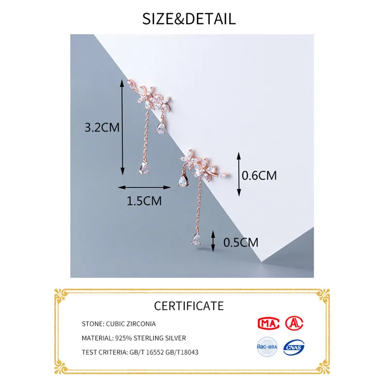 INZATT, настоящее 925 пробы, Серебряный цветок, циркон, капля, висячие серьги для женщин, элегантные кисточки, модные ювелирные изделия, розовое золото