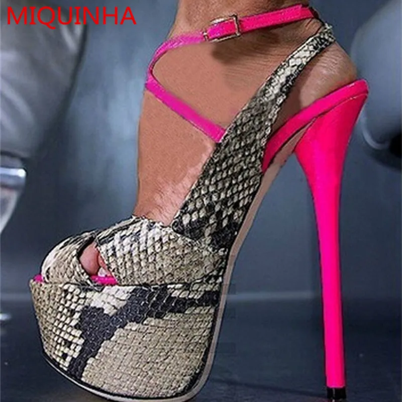 New Design High Platform Gladiator Sandals Women Snakeskin Pink High Heels Mixed Colors Buckle Stilettos Women Pumps Shoes woman