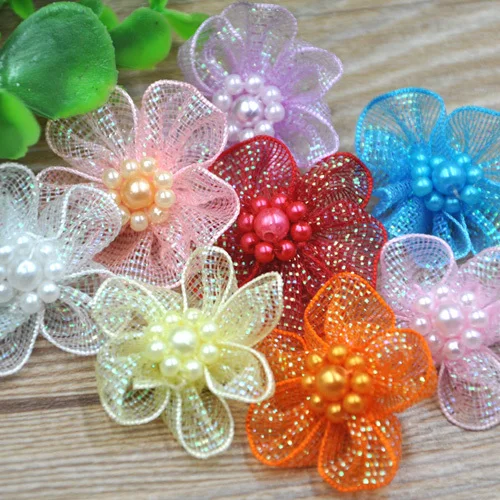 

20 pcs U pick Organza Ribbon Flowers Bows w/Beads Appliques Wedding Craft A011
