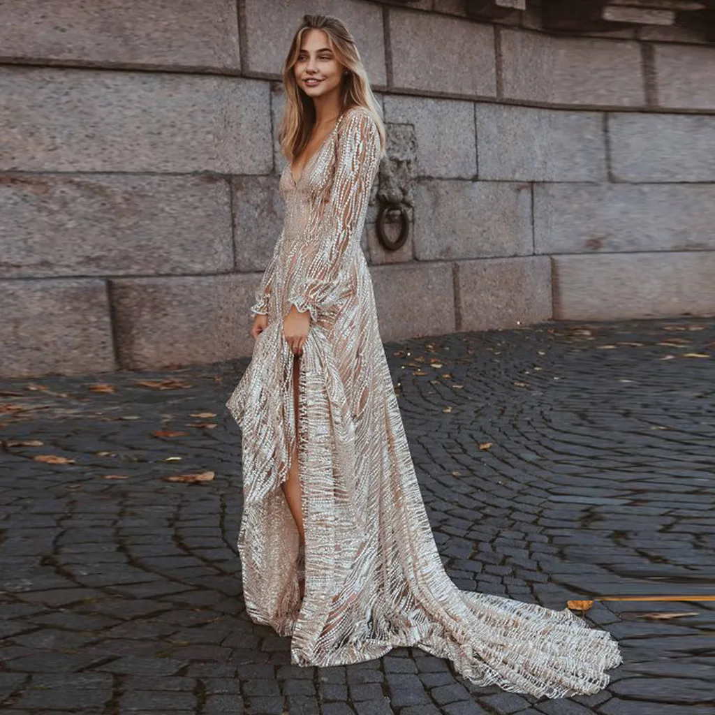 Женское сексуальное платье с глубоким v образным вырезом и длинным рукавом