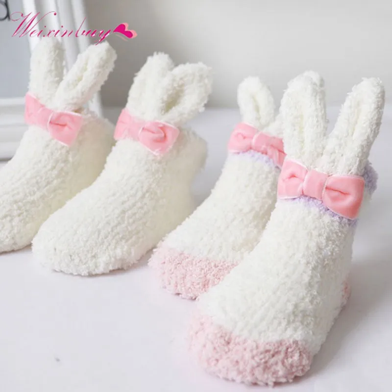 

Baby Girls Winter Warm Socks Baby Socks 0-1Y Cute Bow Cartoon Rabbit Ear Thickening Coral Cashmere Socks For Infant Baby H1