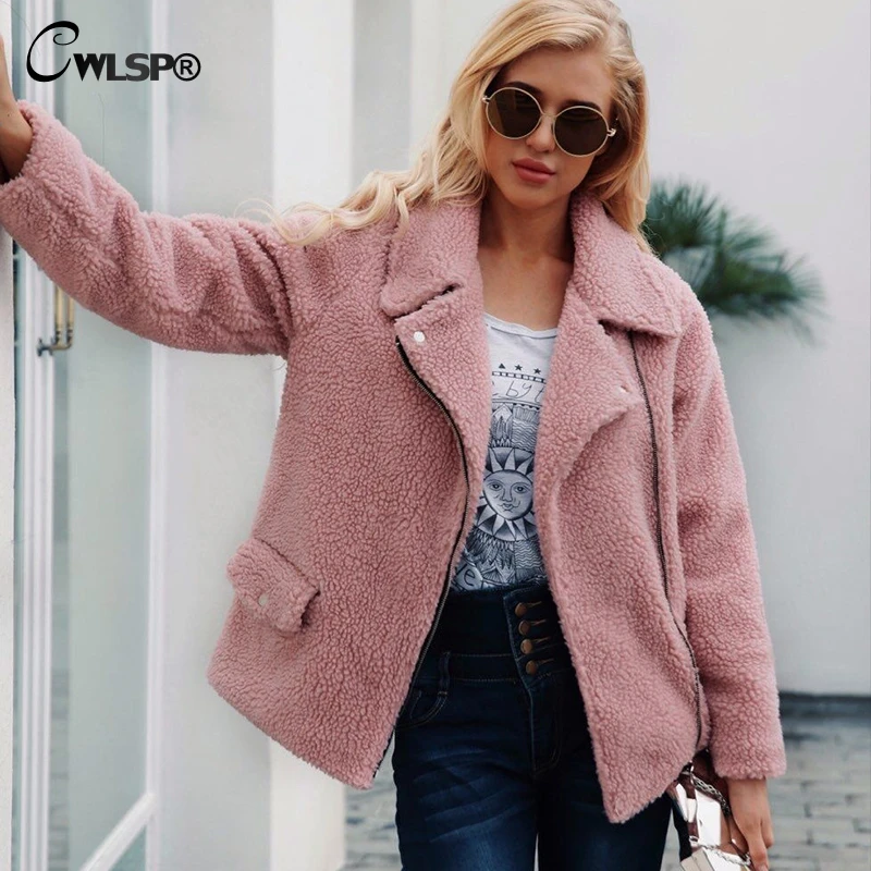 

CWLSP Winter Zipper Lambswool Faux Fur Turn-down Collar Overcoat Motorcycle Streetwear casaco feminino inverno QL4132