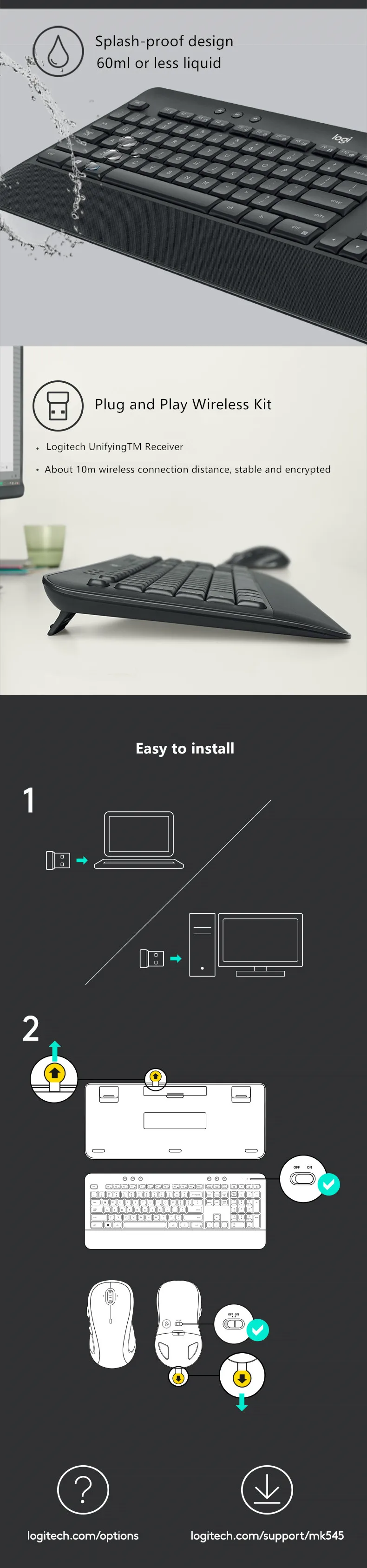 Набор беспроводной мыши и клавиатуры logitech MK545, водонепроницаемый, превосходный комфорт, подставка для рук