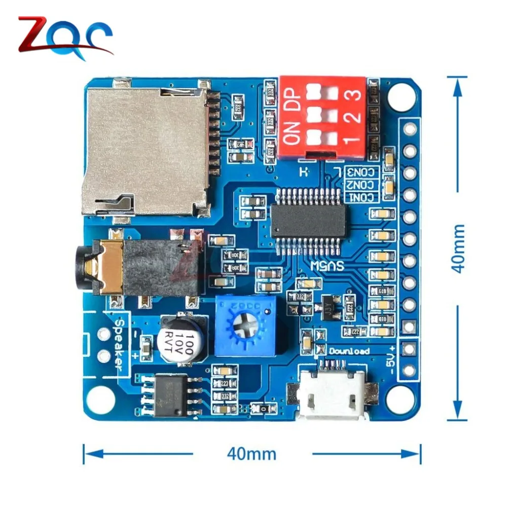 Модуль воспроизведения голоса доска MP3 музыкальный плеер SD/TF карта интегрированный IO триггер UART протокол управления для Arduino 5 Вт