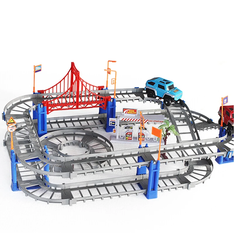 Electric rail car puzzle two layer spiral track roller coaster model slot car educational kid set