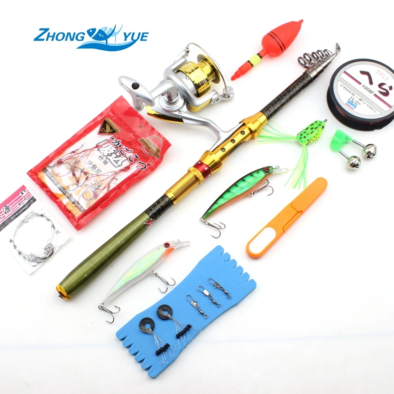 

2017 NEW Carbon Fishing Rod Portable Foldable Travel Spinning Cheap Telescopic Rods Fishing Lures and Metal Reels Set