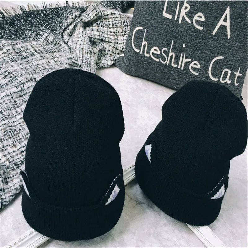 

Winter Beanie Devil Cat Ear Lace Hat Crochet Braided Gorro Elastic Knitted Warm Ski Cap Beret Women Beanies