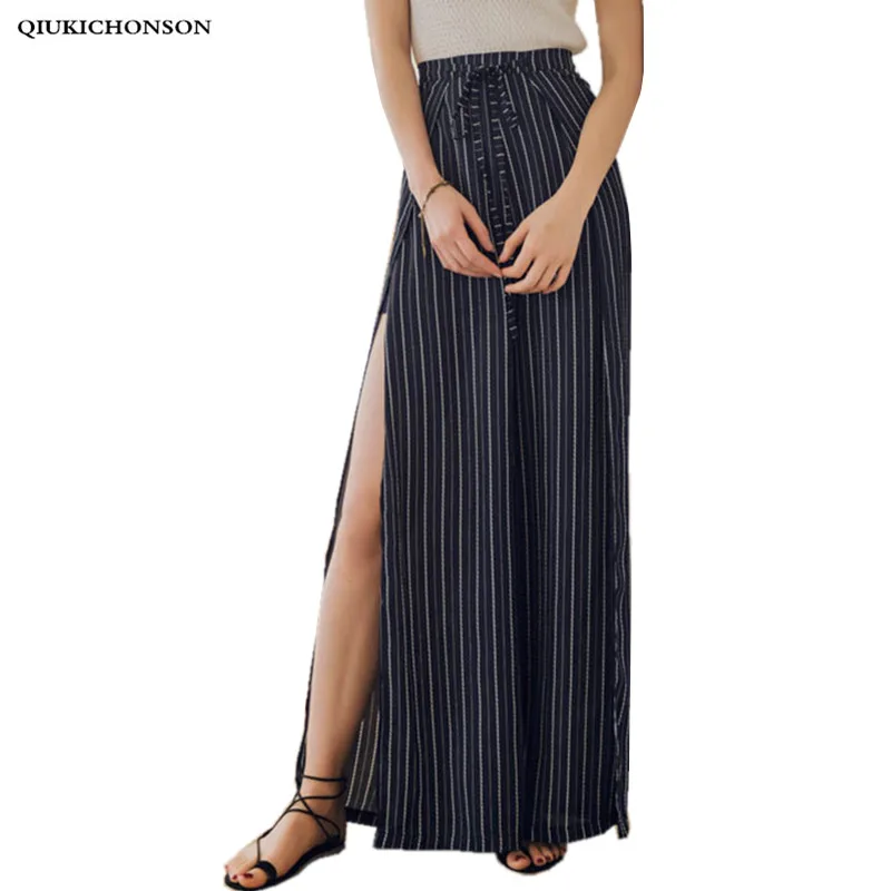 

Sexy Side High Slit Chiffon Striped Pants Casual Vintage Wide Leg Pants High Waisted Ladies Bohemian Beach Trousers pantalon