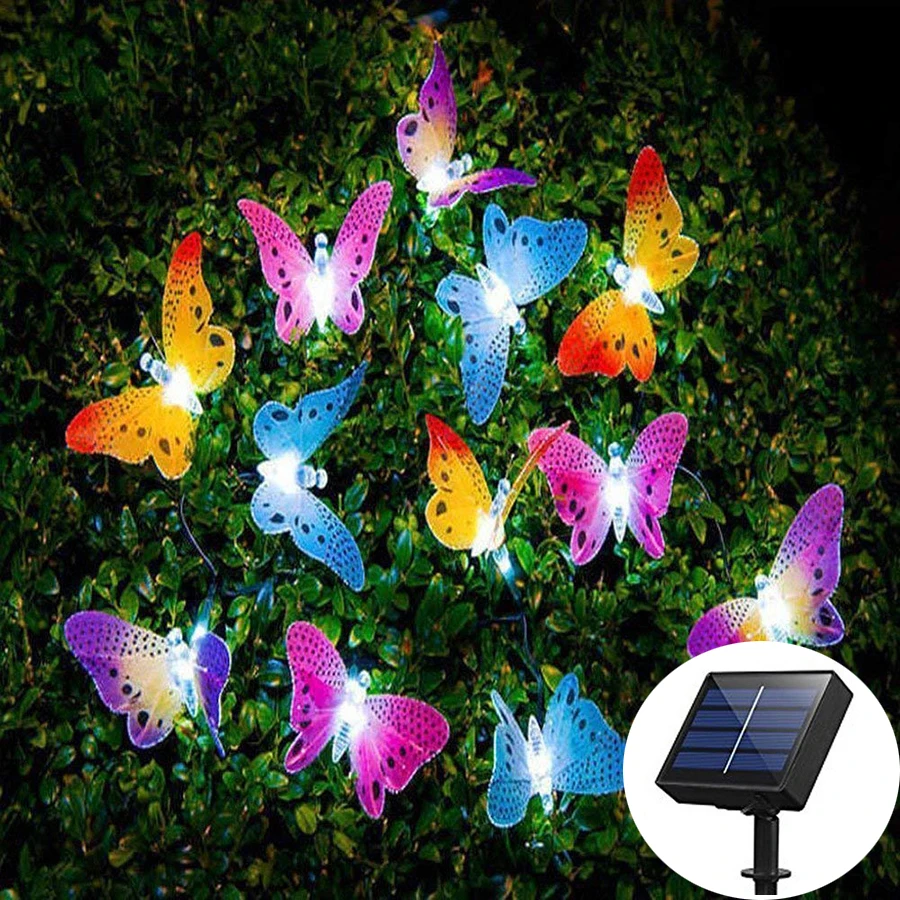 

Solar Powered 12leds Butterfly Fiber Optic led Fairy String Lights Waterproof Christmas Outdoor Garden Holiday Night Lighting
