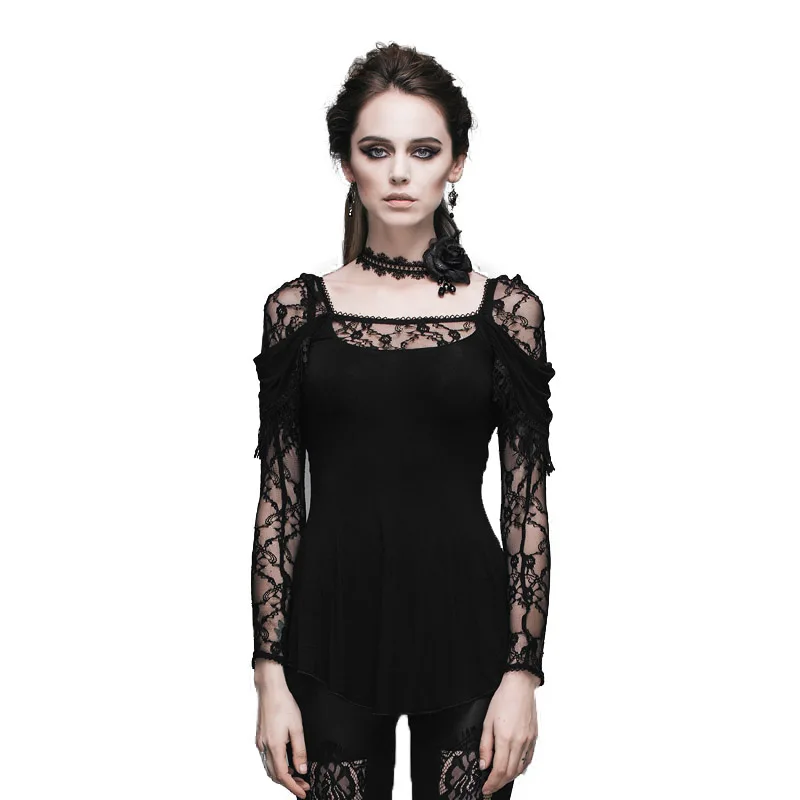 

Spring New Steampunk Deep V Neck T-shirt Black Color Lace Sleeve T-shirts For Women Flocking Sexy Hollow Out Tops Tees
