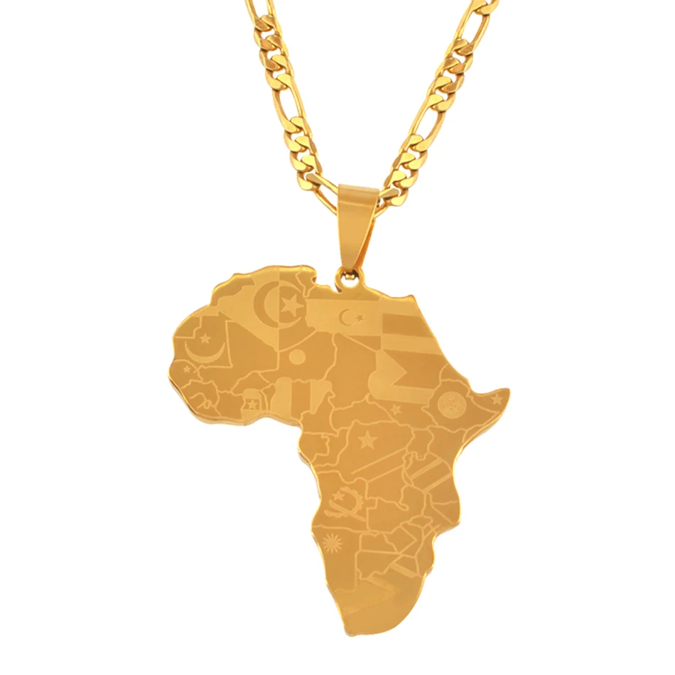 

Gold Color Africa Maps Pendant Necklaces Wth Country Flags Map for Men Women Jewelry African Maps Gifts #J0585
