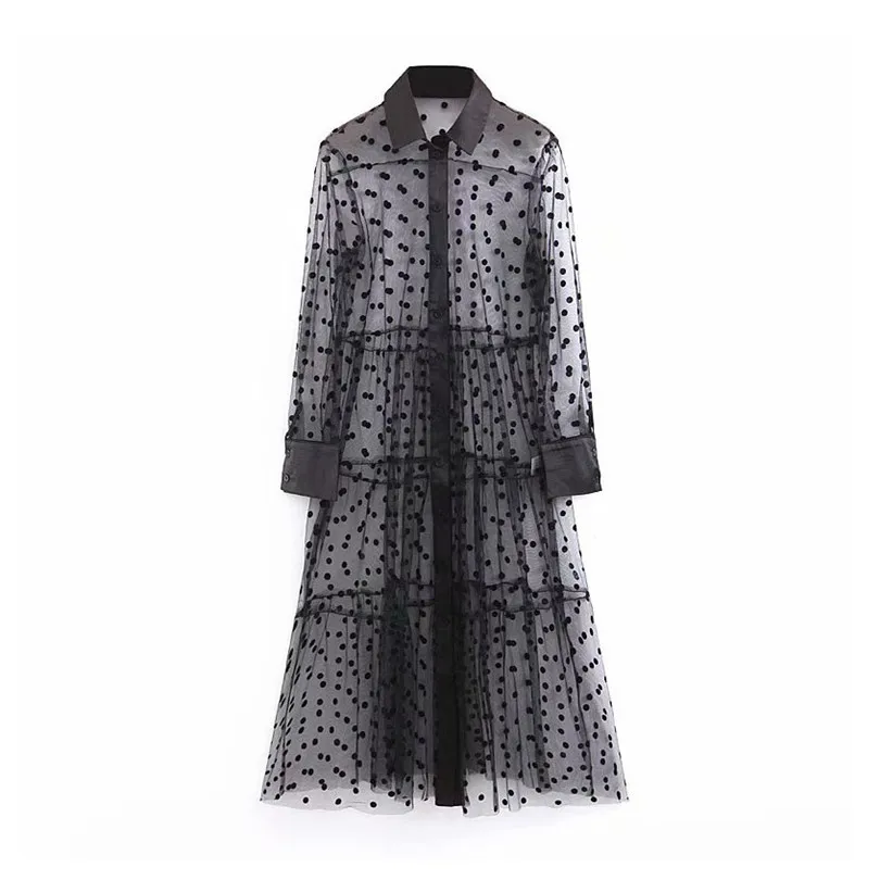 

BLSQR Women stylish polka dot patchwork transparent shirt dress long sleeve female chic sexy mesh black dresses vestidos