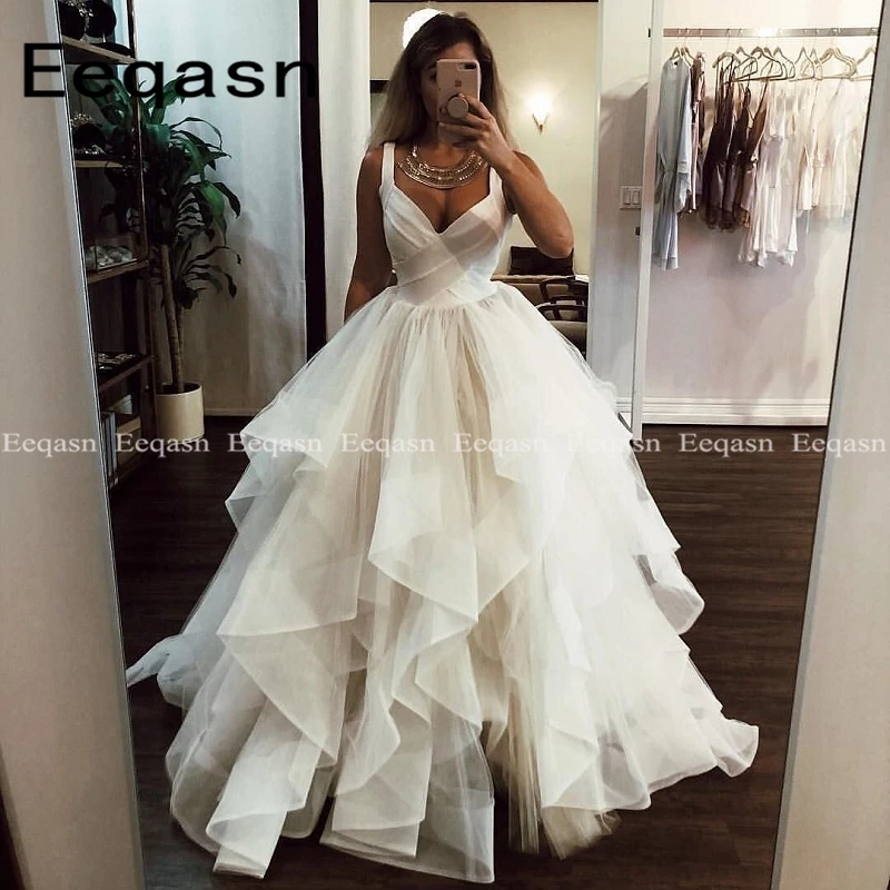 

Vestido De Noiva 2019 Fairy Tale Ruffled Wedding Dress Princess V Neck Long Bridal Gowns Formal Robe de marie