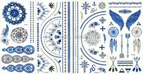 Modelos para Escolher Lote Tira Azul Metálico Adesivo Instantâneo Pena Totem Tatuagem Temporária Body Art Tatuagens 12 100 Pçs –