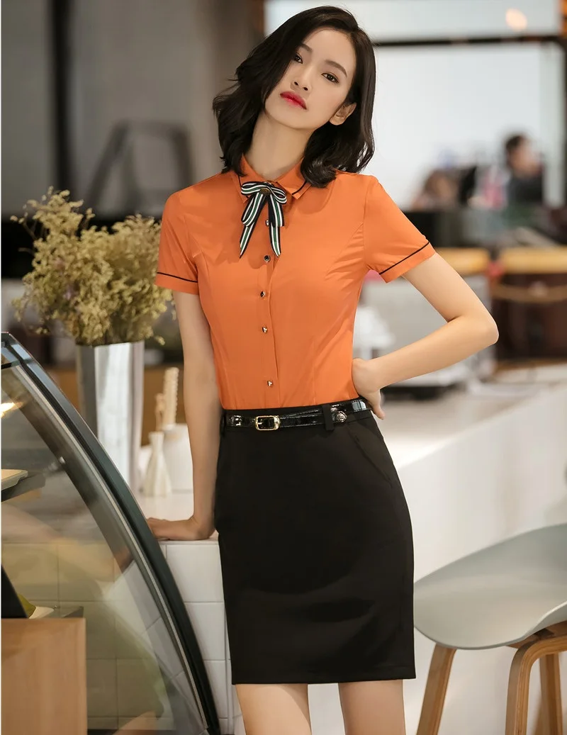 Summer Ladies Orange Blouses & Shirts Women Business Suits with 2 Piece