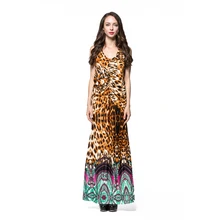 L-7XL Women Plus Size Dress Summer Fashion Bohemian Beach Leopard Print Dress Sleeveless Halter V Neck Floor Length Maxi Dresses