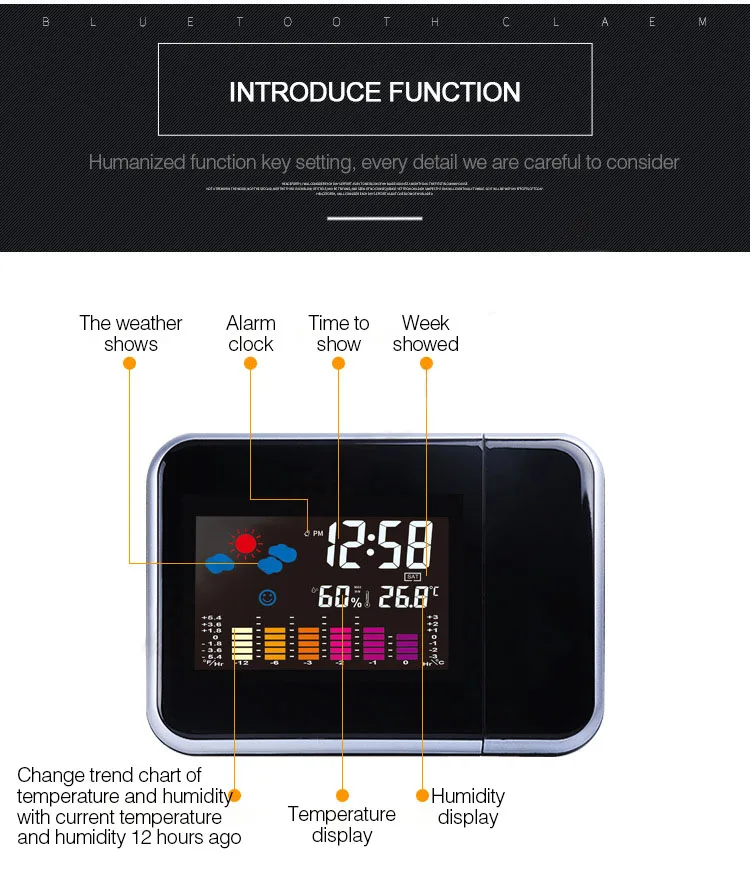 Loskii DC-003 Digital Wireless Hygrometer Therometer LED Projection Weather Station Alarm Clock 