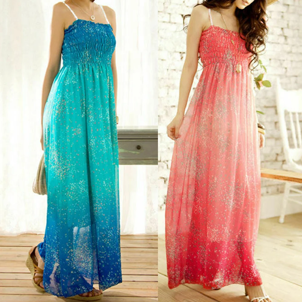 Женское цветочное длинное платье макси без рукавов Boho С Длинным Рукавом Плиссированное стрейч вечернее летнее пляжный отдых Шифоновый Сарафан