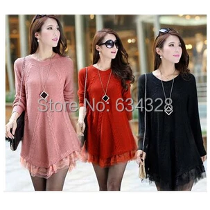 

Maternity Clothing Autumn Winter Knitted Pullover Solid Color Medium-long Sweater Dress gentlewomen Lace Elegant Blouse 2019