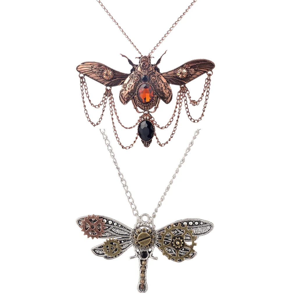 2Pcs Steampunk Vintage Rhinestone Decor Dragonfly Big Beetle Insect Shaped Multigear Gears Women Necklace Gears Chain