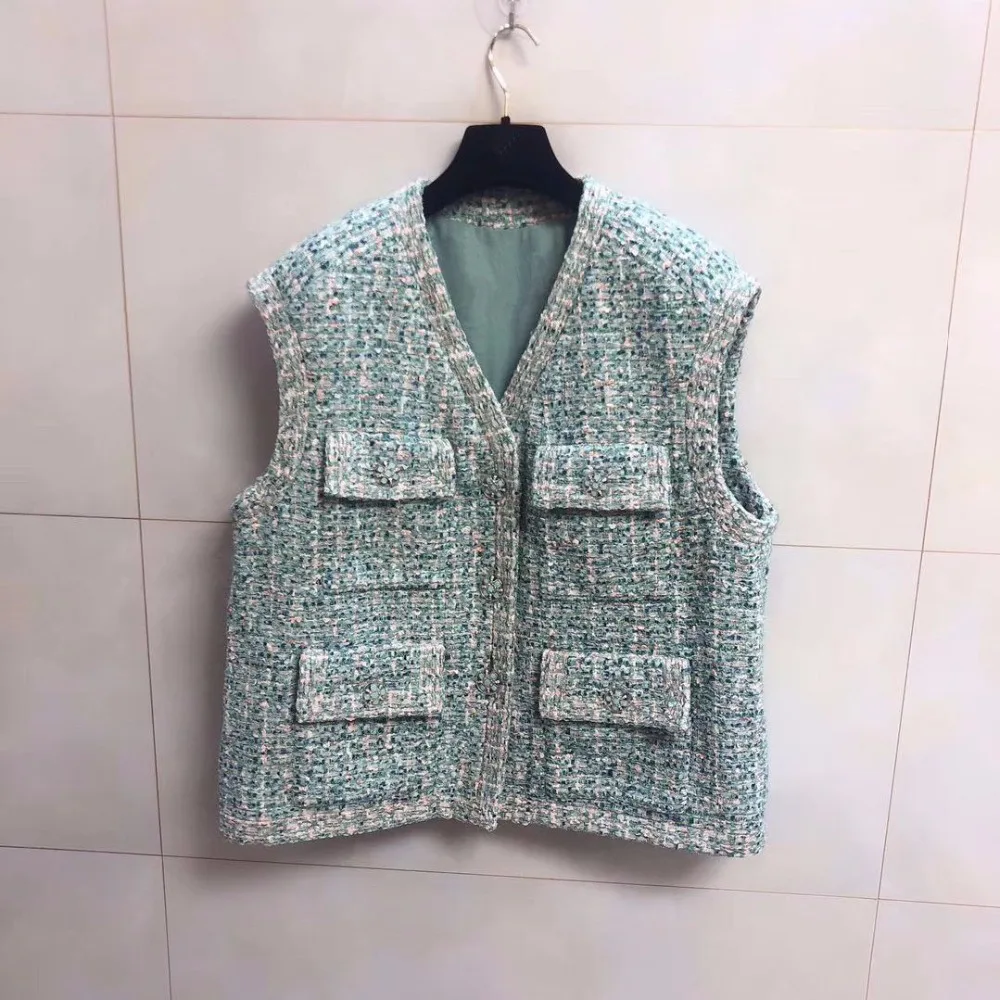 

Spring autumn women's High quality sleeveless tweed jackets Brand new design pockets tweed coat A259