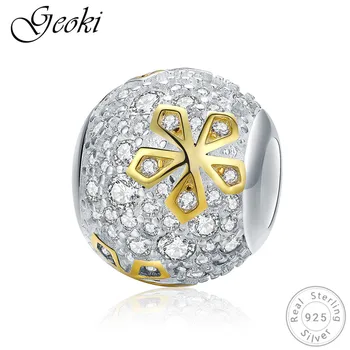 

Geoki 925 Sterling Silver Shiny Clover fit Original Pandora Bracelet White CZ Gold-color Daisy Beads Necklace Pendant for Chain