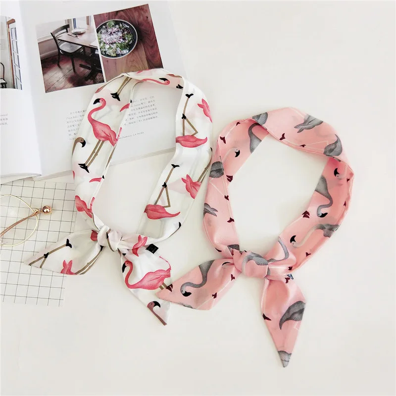 

Foulard Women Flamingo Skinny Headband Bags Scarf 2019 New Pink Printed Neck Hand Wraps Kerchief Scarves Handbag Scarf