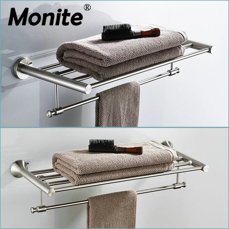 Nickel Brushed Wall Mounted Bathroom Towel Rail Holder Bathroom Folding ...