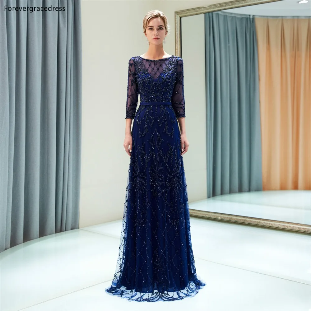 Forevergracedress Navy Blue Illusion Evening Dresses 2019 Beading With Long Sleeves Formal Party Gowns Plus Size Custom Made | Свадьбы и